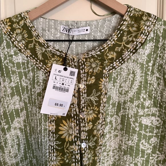 Zara Quilted Caftan Tunic Minidress Green Tribal XL - Picture 3 of 6